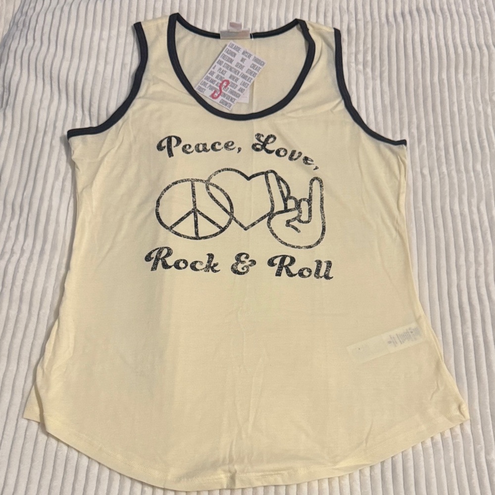 LuLaRoe Cream Tank Top with Peace, Love, Rock & Roll Design
